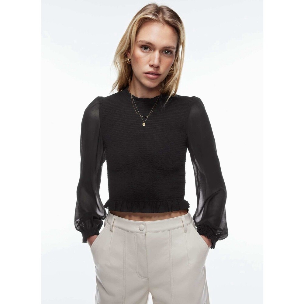 Aritzia Wilfred Black Tempest Smocked Chiffon Sleeve Blouse Women's Size 2xs